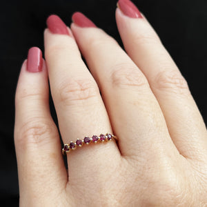 VINTAGE SEVEN STONE RUBY HALF HOOP 14CT YELLOW GOLD