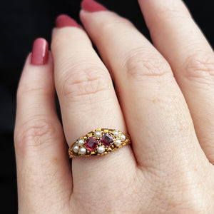 ANTIQUE VICTORIAN 1866 GARNET & PEARL RING 18ct GOLD