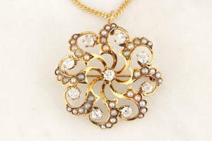 ANTIQUE EDWARDIAN c1900 DIAMOND & SEED PEARL PENDANT/BROOCH 14ct YELLOW GOLD