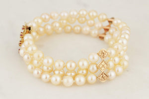 VINTAGE MID CENTYURY c1960 TRIPLE ROW PEARL & RUBY BRACELET 14ct YELLOW GOLD