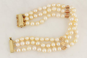 VINTAGE MID CENTYURY c1960 TRIPLE ROW PEARL & RUBY BRACELET 14ct YELLOW GOLD