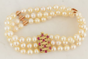 VINTAGE MID CENTYURY c1960 TRIPLE ROW PEARL & RUBY BRACELET 14ct YELLOW GOLD