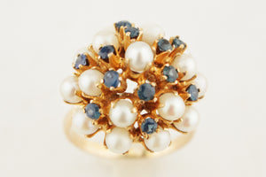 VINTAGE c1940 SAPPHIRE & PEARL PRINCESS RING 9ct GOLD
