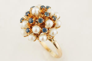 VINTAGE c1940 SAPPHIRE & PEARL PRINCESS RING 9ct GOLD