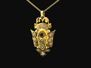 VICTORIAN SAPPHIRE & DIAMOND SHIELD PENDANT 18ct YELLOW GOLD