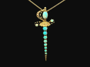 ANTIQUE VICTORIAN OPAL & SEED PEARL SWORD PENDANT 15ct GOLD