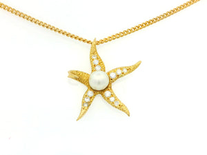 VINTAGE DIAMOND & PEARL STARFISH PENDANT 18ct GOLD WITH 9ct CHAIN