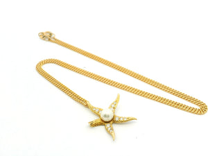 VINTAGE DIAMOND & PEARL STARFISH PENDANT 18ct GOLD WITH 9ct CHAIN