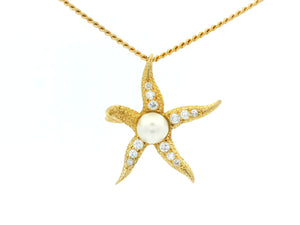 VINTAGE DIAMOND & PEARL STARFISH PENDANT 18ct GOLD WITH 9ct CHAIN