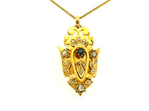 VICTORIAN SAPPHIRE & DIAMOND SHIELD PENDANT 18ct YELLOW GOLD