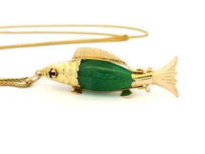 VINTAGE AVENTURINE QUARTZ FISH PENDANT 14CT GOLD