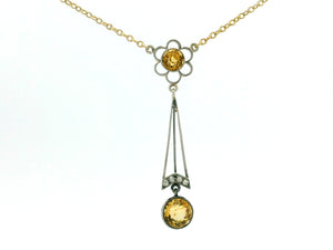 EDWARDIAN CITRINE & DIAMOND LAVALIERE SILVER & 9ct GOLD