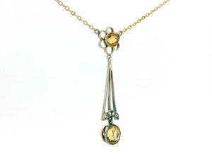 EDWARDIAN CITRINE & DIAMOND LAVALIERE SILVER & 9ct GOLD