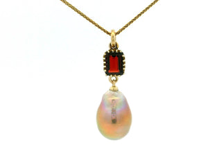 BESPOKE GARNET & BAROQUE PEARL PENDANT 9CT GOLD