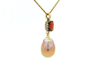 BESPOKE GARNET & BAROQUE PEARL PENDANT  9CT GOLD