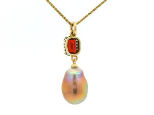 BESPOKE GARNET & BAROQUE PEARL PENDANT 9CT GOLD