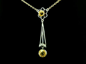 EDWARDIAN CITRINE & DIAMOND LAVALIERE SILVER & 9ct GOLD