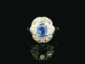 ANTIQUE ART DECO CEYLON SAPPHIRE & DIAMOND RING 18ct GOLD