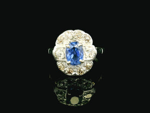 ANTIQUE ART DECO CEYLON SAPPHIRE & DIAMOND RING 18ct GOLD