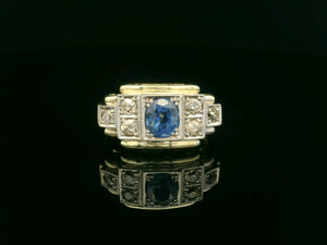 ANTIQUE ART DECO CEYLON SAPPHIRE & DIAMOND RING 14ct GOLD