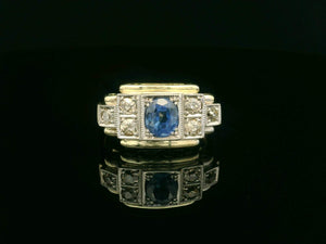 ANTIQUE ART DECO CEYLON SAPPHIRE & DIAMOND RING 14ct GOLD