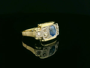 ANTIQUE ART DECO CEYLON SAPPHIRE & DIAMOND RING 14ct GOLD