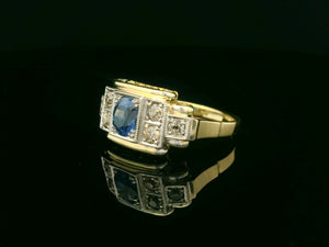 ANTIQUE ART DECO CEYLON SAPPHIRE & DIAMOND RING 14ct GOLD