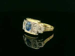ANTIQUE ART DECO CEYLON SAPPHIRE & DIAMOND RING 14ct GOLD