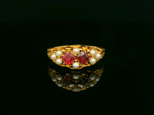 ANTIQUE VICTORIAN 1866 GARNET & PEARL RING 18ct GOLD
