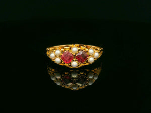 ANTIQUE VICTORIAN 1866 GARNET & PEARL RING 18ct GOLD