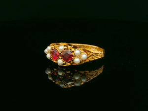 ANTIQUE VICTORIAN 1866 GARNET & PEARL RING 18ct GOLD
