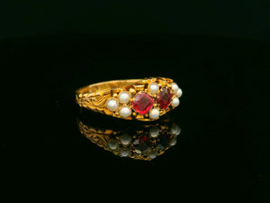 ANTIQUE VICTORIAN 1866 GARNET & PEARL RING 18ct GOLD