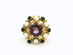 MID CENTURY c1960 TOURMALINE GARNET & SEED PEARL RING 9ct GOLD