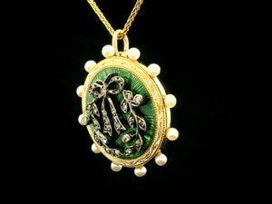 ANTIQUE GEORGIAN ENAMEL DIAMOND & SEED PEARL PENDANT 18ct GOLD