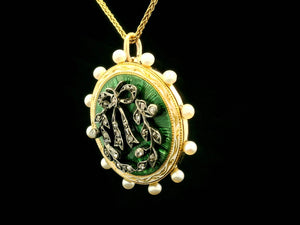 ANTIQUE GEORGIAN ENAMEL DIAMOND & SEED PEARL PENDANT 18ct GOLD