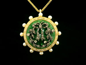 ANTIQUE GEORGIAN ENAMEL DIAMOND & SEED PEARL PENDANT 18ct GOLD