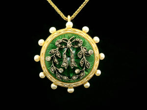 ANTIQUE GEORGIAN ENAMEL DIAMOND & SEED PEARL PENDANT 18ct GOLD