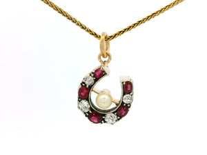 ANTIQUE VICTORIAN RUBY DIAMOND & PEARL HORSESHOE PENDANT 9ct GOLD