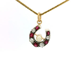 ANTIQUE VICTORIAN RUBY DIAMOND & PEARL HORSESHOE PENDANT 9ct GOLD
