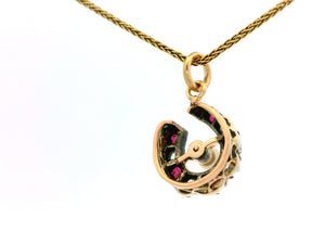 ANTIQUE VICTORIAN RUBY DIAMOND & PEARL HORSESHOE PENDANT 9ct GOLD