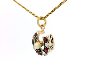 ANTIQUE VICTORIAN RUBY DIAMOND & PEARL HORSESHOE PENDANT 9ct GOLD