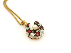 ANTIQUE VICTORIAN RUBY DIAMOND & PEARL HORSESHOE PENDANT 9ct GOLD