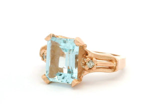 MID CENTURY AQUAMARINE & DIAMOND RING 10ct ROSE GOLD