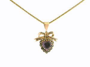 ANTIQUE EDWARDIAN AMETHYST HEART & SEED PEARL PENDANT 9ct GOLD