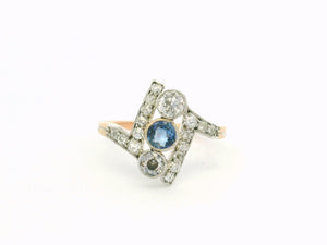ANTIQUE ART DECO SAPPHIRE & DIAMOND RING 14ct GOLD