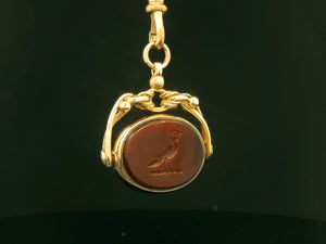 ANTIQUE VICTORIAN CARNELIAN INTAGLIO & BLOODSTONE SEAL FOB SPINNER 9ct GOLD