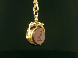 ANTIQUE VICTORIAN CARNELIAN INTAGLIO & BLOODSTONE SEAL FOB SPINNER 9ct GOLD