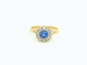 ANTIQUE EDWARDIAN CEYLON SAPPHIRE & DIAMOND DAISY RING 18ct GOLD