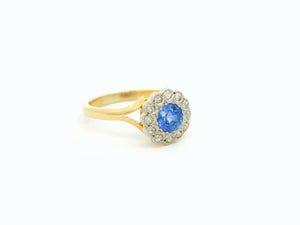 ANTIQUE EDWARDIAN CEYLON SAPPHIRE & DIAMOND DAISY RING 18ct GOLD