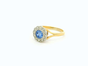 ANTIQUE EDWARDIAN CEYLON SAPPHIRE & DIAMOND DAISY RING 18ct GOLD
